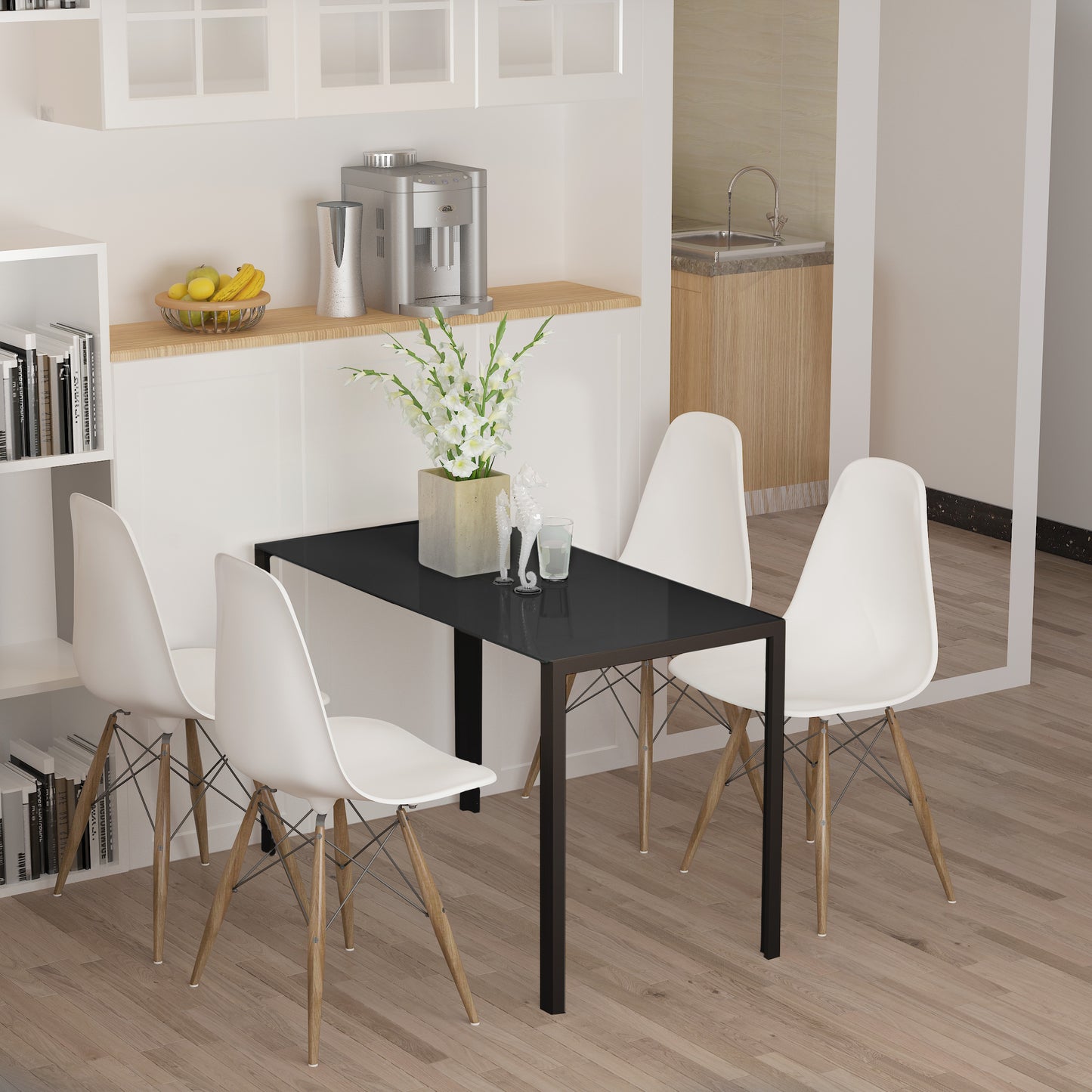 120cm Dining Table, Rectangle 4 Seater Kitchen Table with Tempered Glass Top and Metal Legs for Dining Room