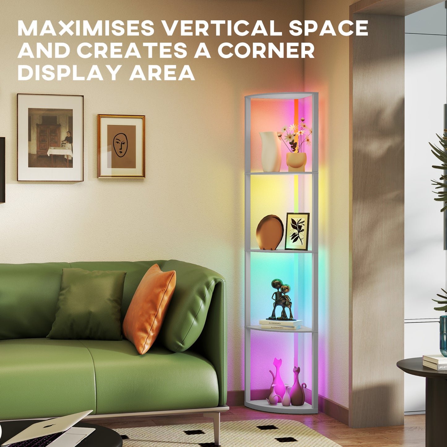 RGB LED Floor Lamp with Shelves, 4-Tier Dimmable Standing Lamp with Adjustable Brightness and Remote Control