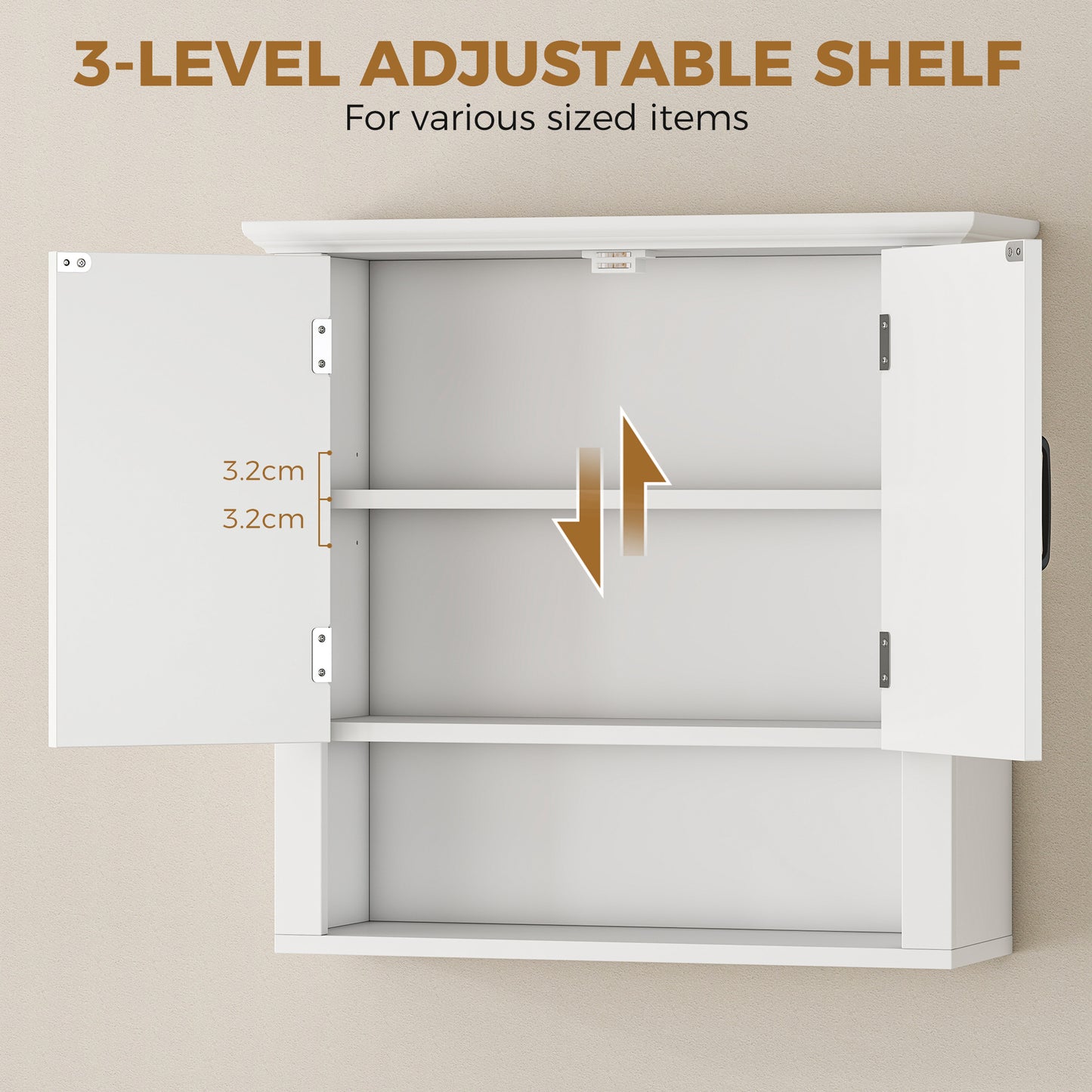 Bathroom Wall Cabinet, Medicine Cabinet, Kitchen Cupboard with 2 Doors and Adjustable Shelf, White