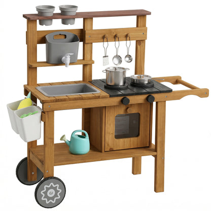 Wooden Mud Kitchen with Wheels, Stove, Faucet, Flower Pots, Stainless Steel Accessories for Toddlers 3-6, Brown