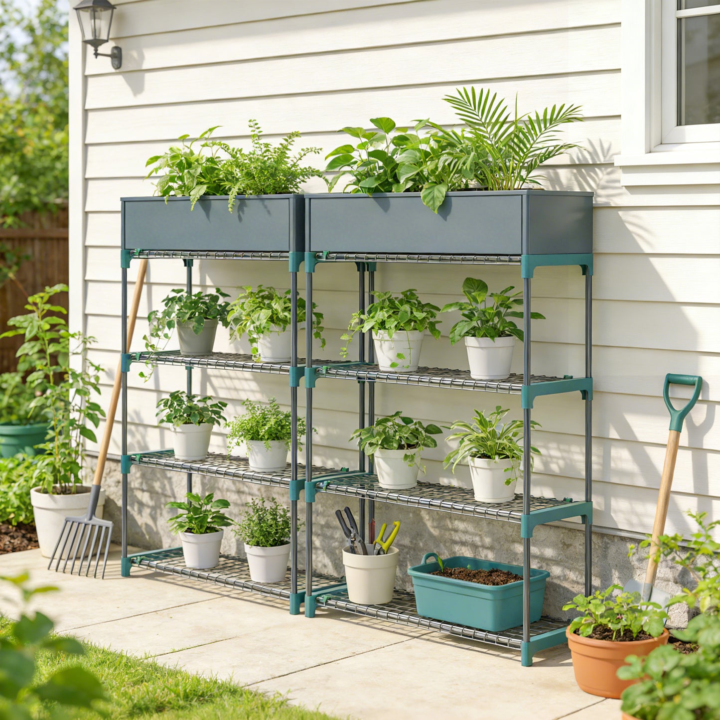 4-Tier Plant Stand Indoor Outdoor, Set of 2 Metal Plant Shelf with Rack Buckles for Easy Assembly, Flower Display Rack