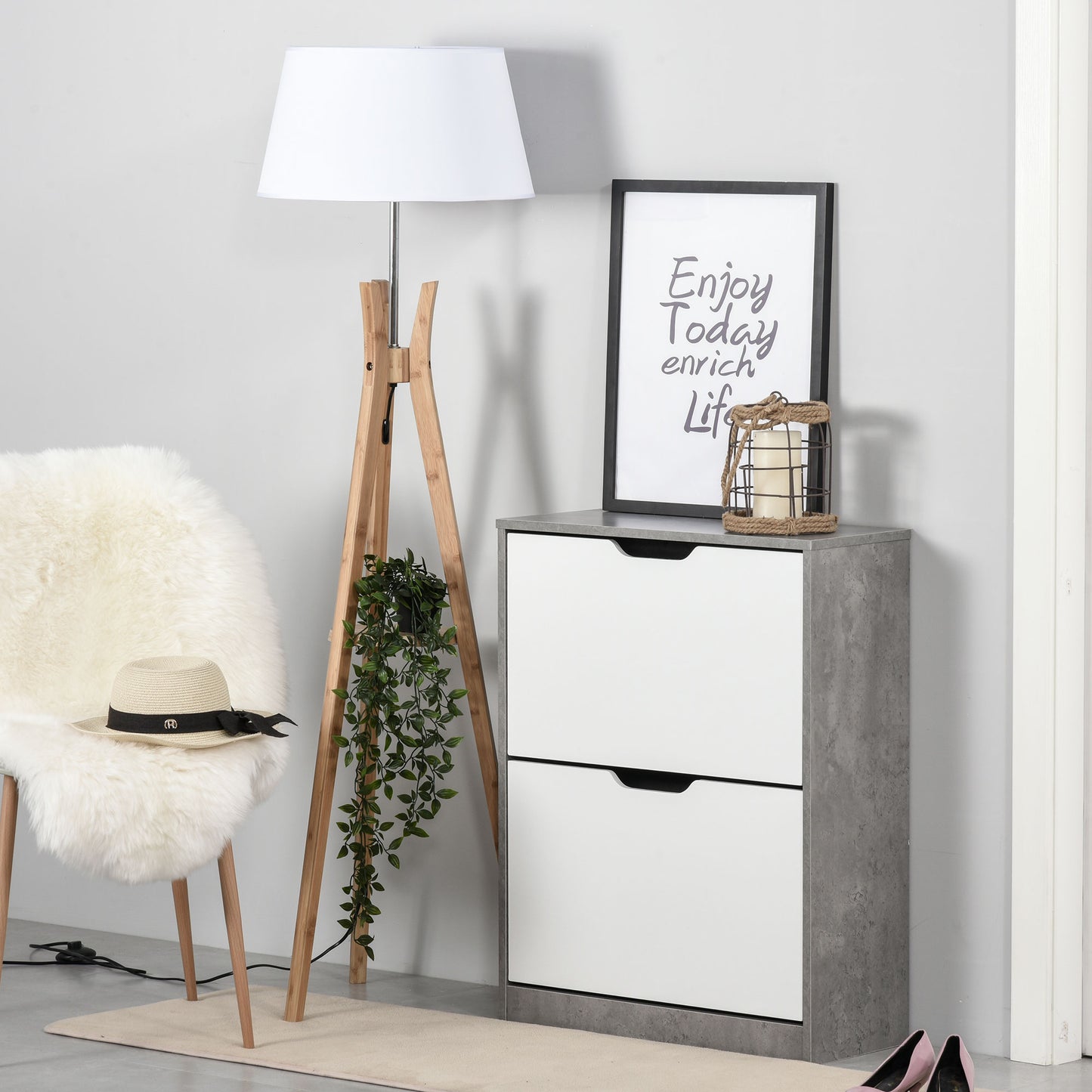Two Drawer Shoe Cabinet Home Storage Organiser w/ Groove Handles Adjustable Shelves Modern Boxy Rack Hallway Bedroom Furnitur