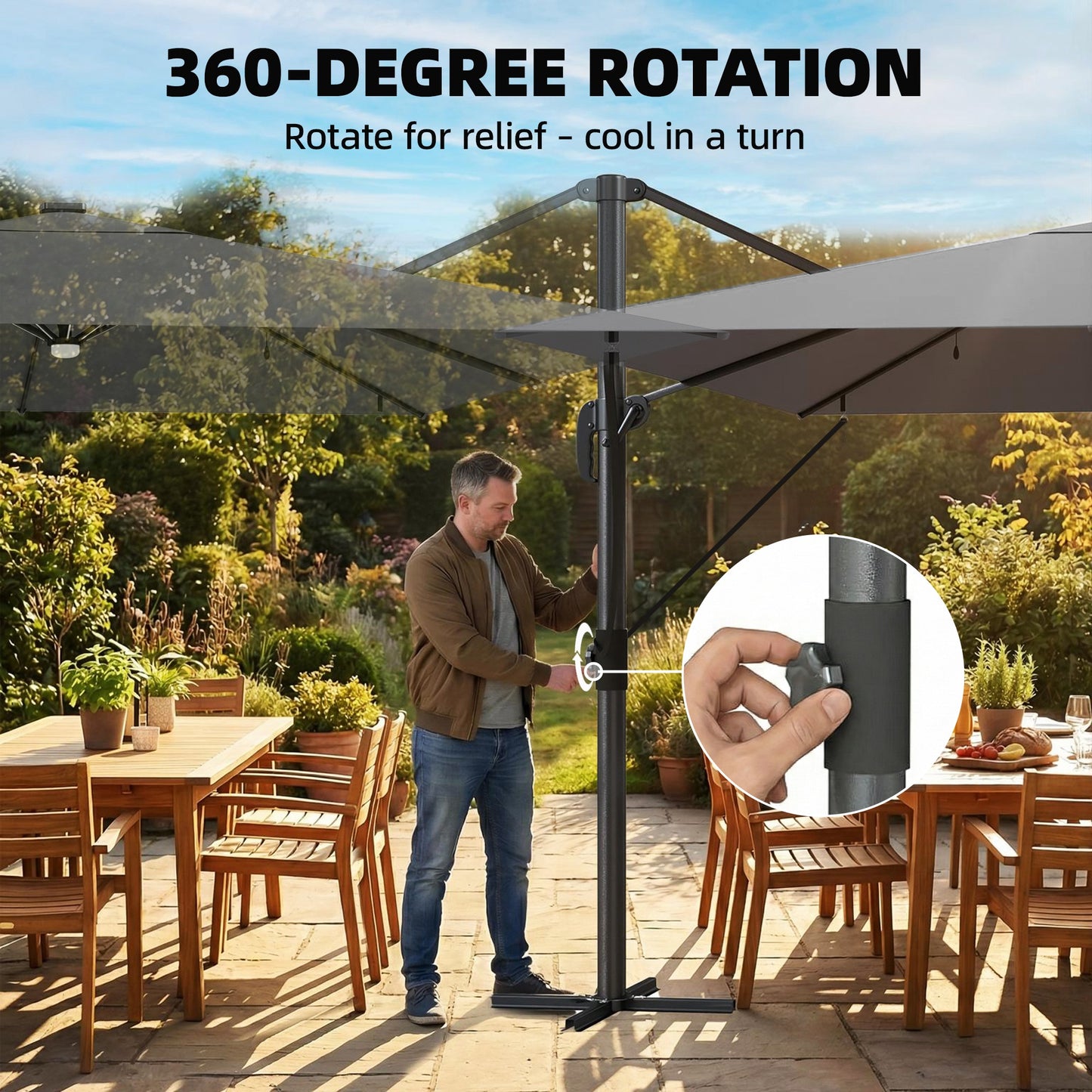 3 x 3 m Garden Cantilever Parasol with Light, Cover, Overhanging Umbrella w/ Wind Protection, 360° Rotation, Light Grey