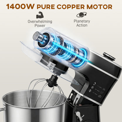 Stand Mixer, 6L 1400W Tilt-Head Food Mixer with 11 Speeds, Pulse & Fermentation Function, LED Display, Black
