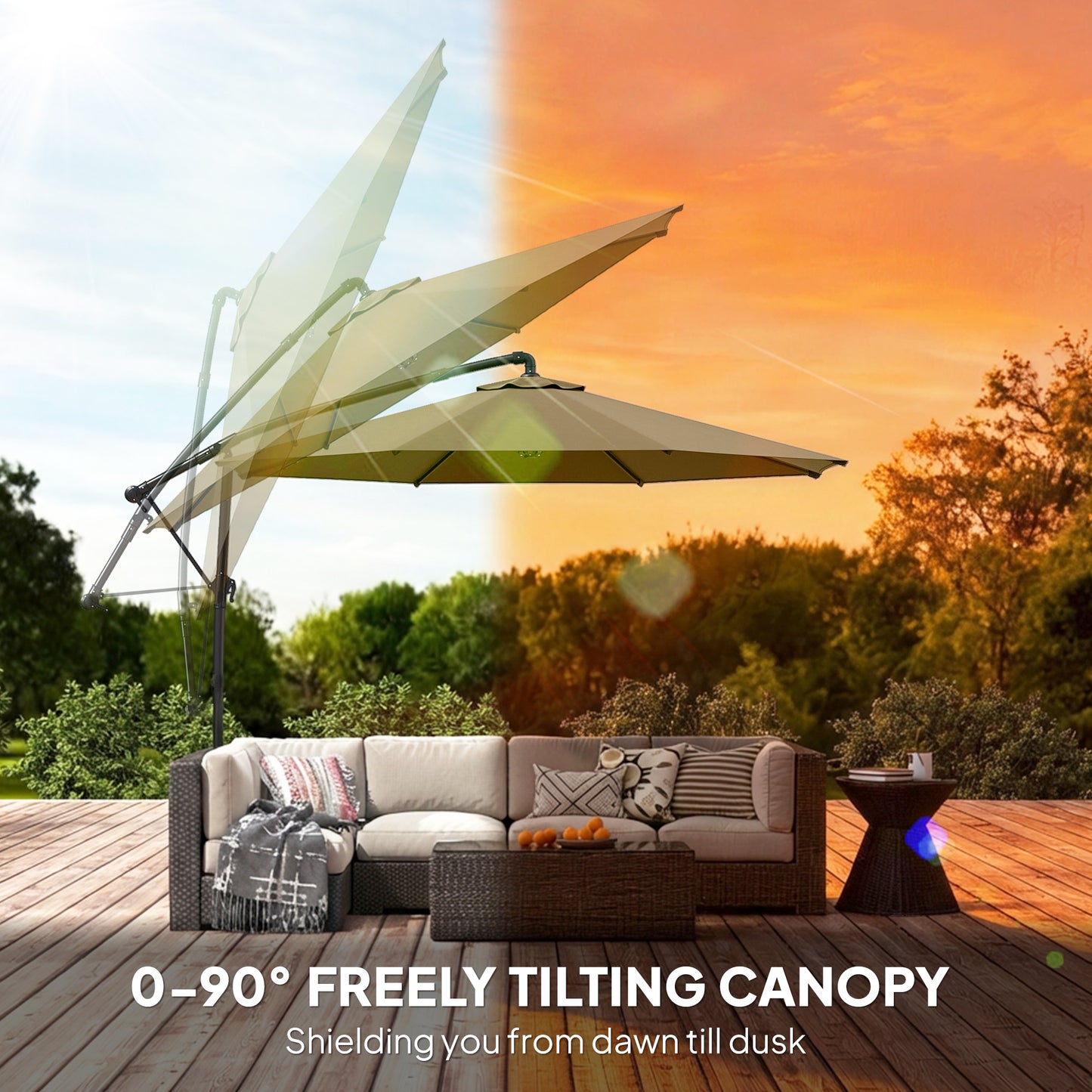 3 m Garden Cantilever Parasol with Cover, Round Overhanging Umbrella with 360° Rotation, Tilt, Khaki