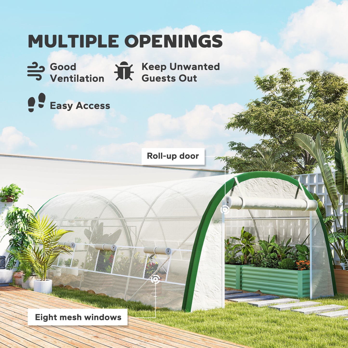Walk-in Polytunnel Greenhouse Tunnel Warm House Tent with Zipped Doors, 8 Mesh Windows, PE Cover, 6 x 3 m, White