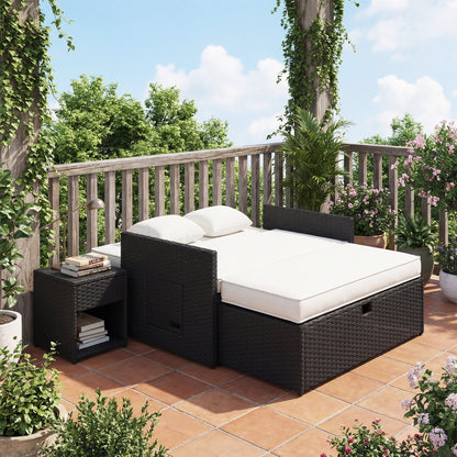 Rattan Garden Daybed, Double Sun Lounger with 5-Level Adjustable Back, Storage Ottoman, Cream White