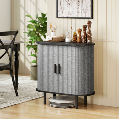 Tambour Sideboard with Fluted Sliding Doors, Modern Kitchen Cupboard with Storage Shelves and Wooden Legs, Grey