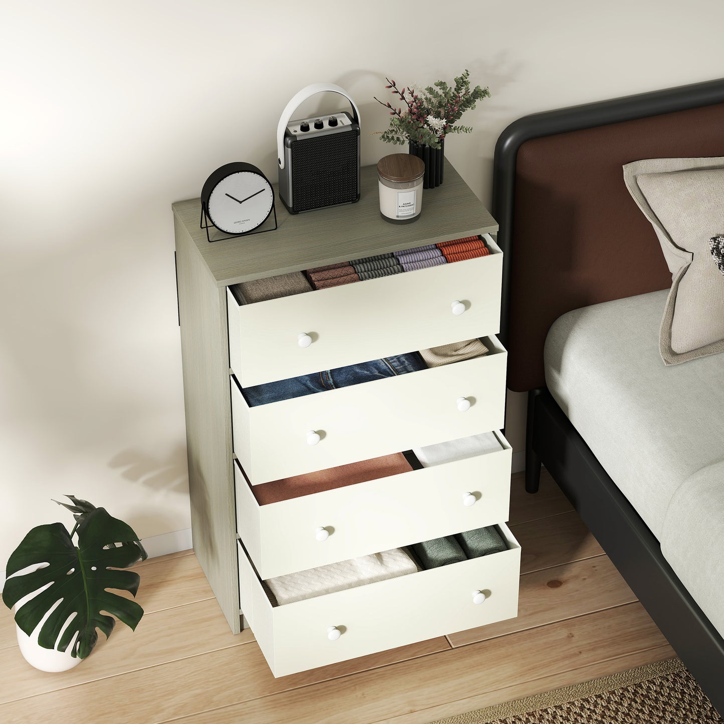 Chest of Drawers, Dresser with 4 Fabric Drawers - White and Grey