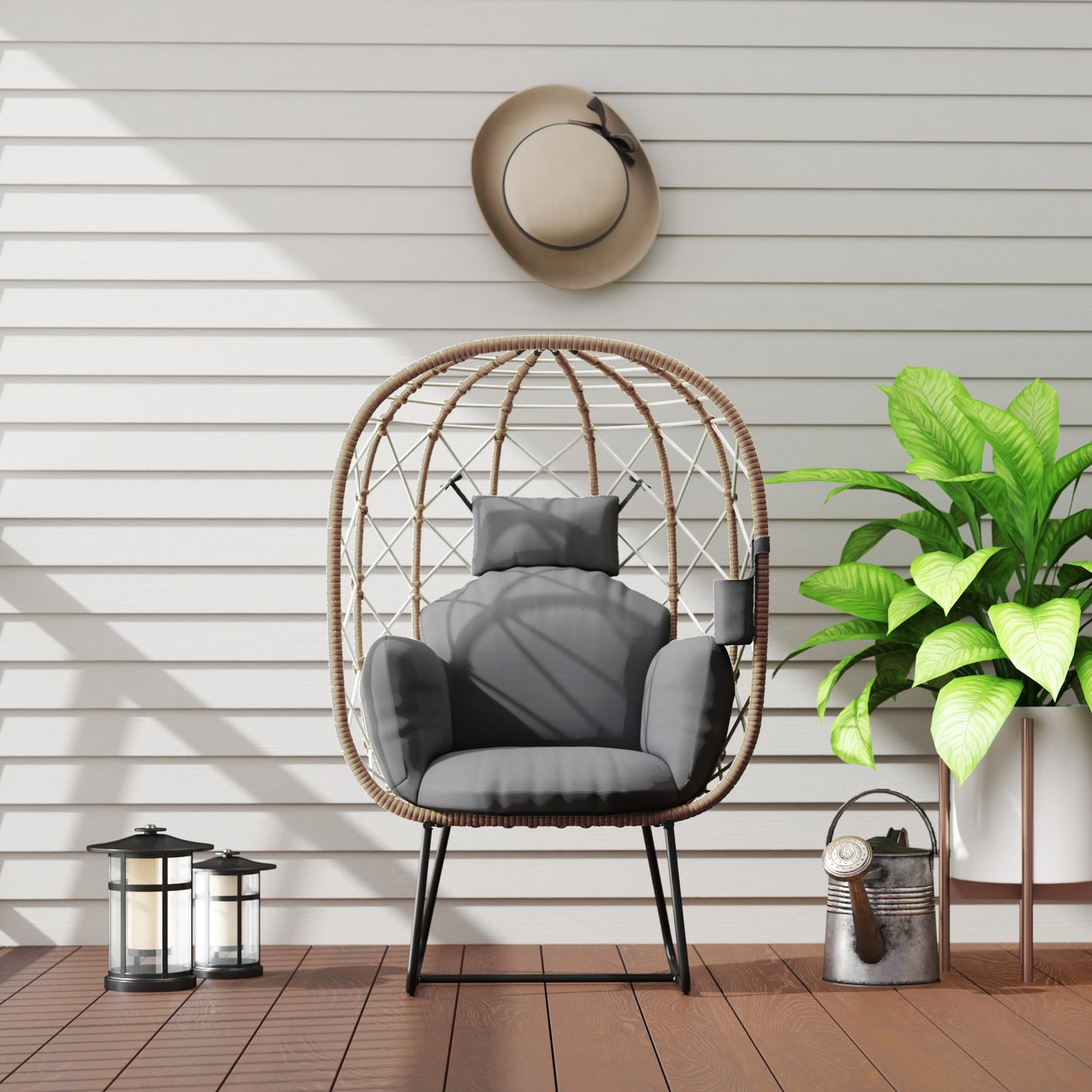 Rattan Egg Chair Outdoor Indoor Wicker Chair with Thickened Cushion and Headrest, Standing Garden Egg Chair with Cup Holder