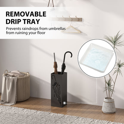 Metal Umbrella Stand, Square Umbrella Holder with 4 Hooks and Removable Drip Tray