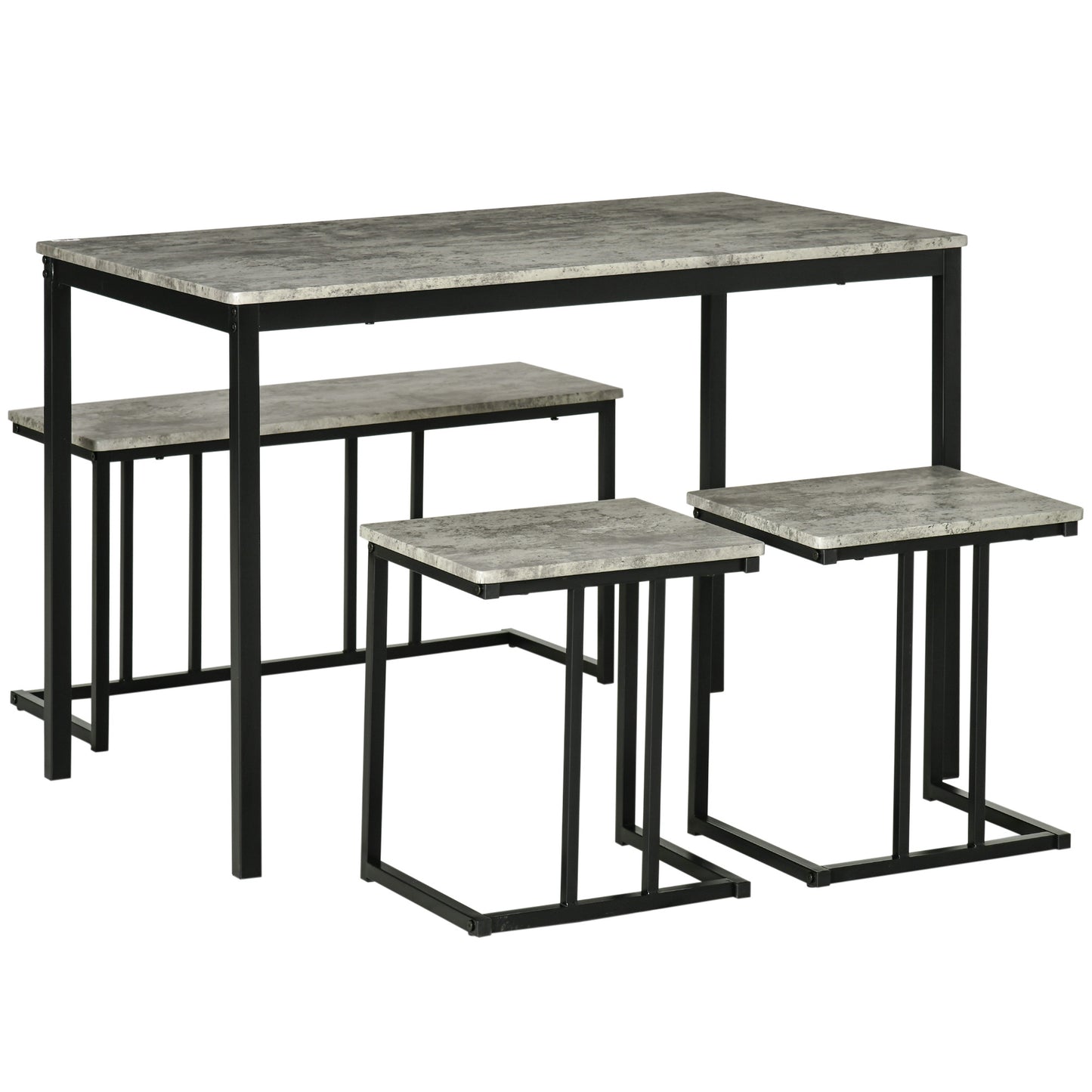 Dining Table and Chairs Set for 4 People, Concrete Effect Kitchen Table and Bench Set with Steel Frame