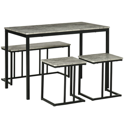 Dining Table and Chairs Set for 4 People, Concrete Effect Kitchen Table and Bench Set with Steel Frame