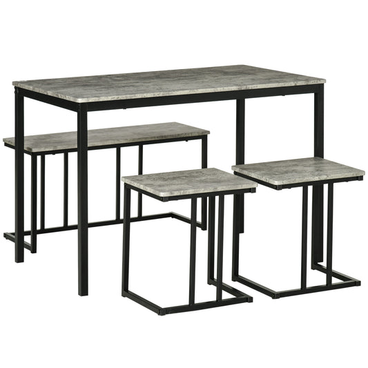 Dining Table and Chairs Set for 4 People, Concrete Effect Kitchen Table and Bench Set with Steel Frame