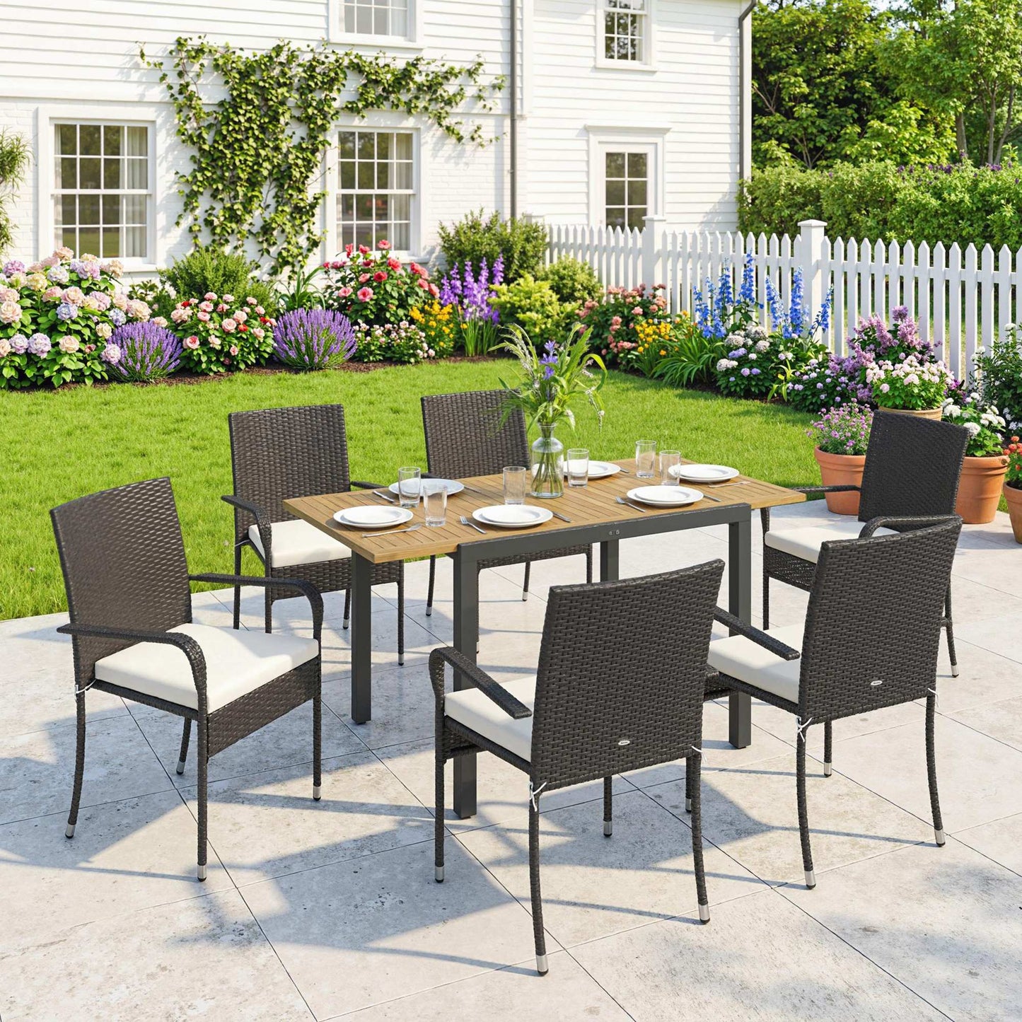 7 Piece Rattan Garden Furniture Set, 6 Seater Garden Table and 6 Stackable Chairs with Extendable Acacia Wood Tabletop