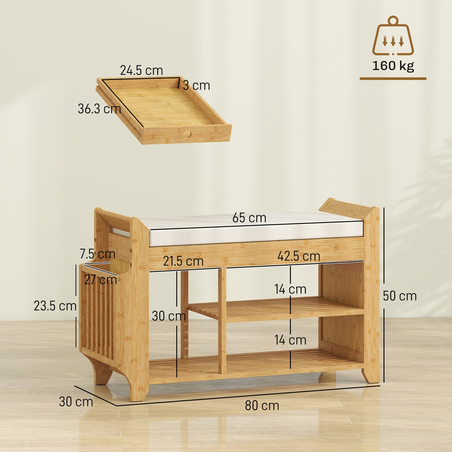 Shoe Bench 2-Tier Boot Section Entryway Storage Bench Cushioned Seat 80 x 30 x 50 cm Natural and Cream