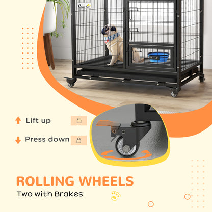 Heavy Duty Dog Crate on Wheels w/ Bowl Holder, Removable Tray, Openable Top, Detachable Door, for M, L Dogs