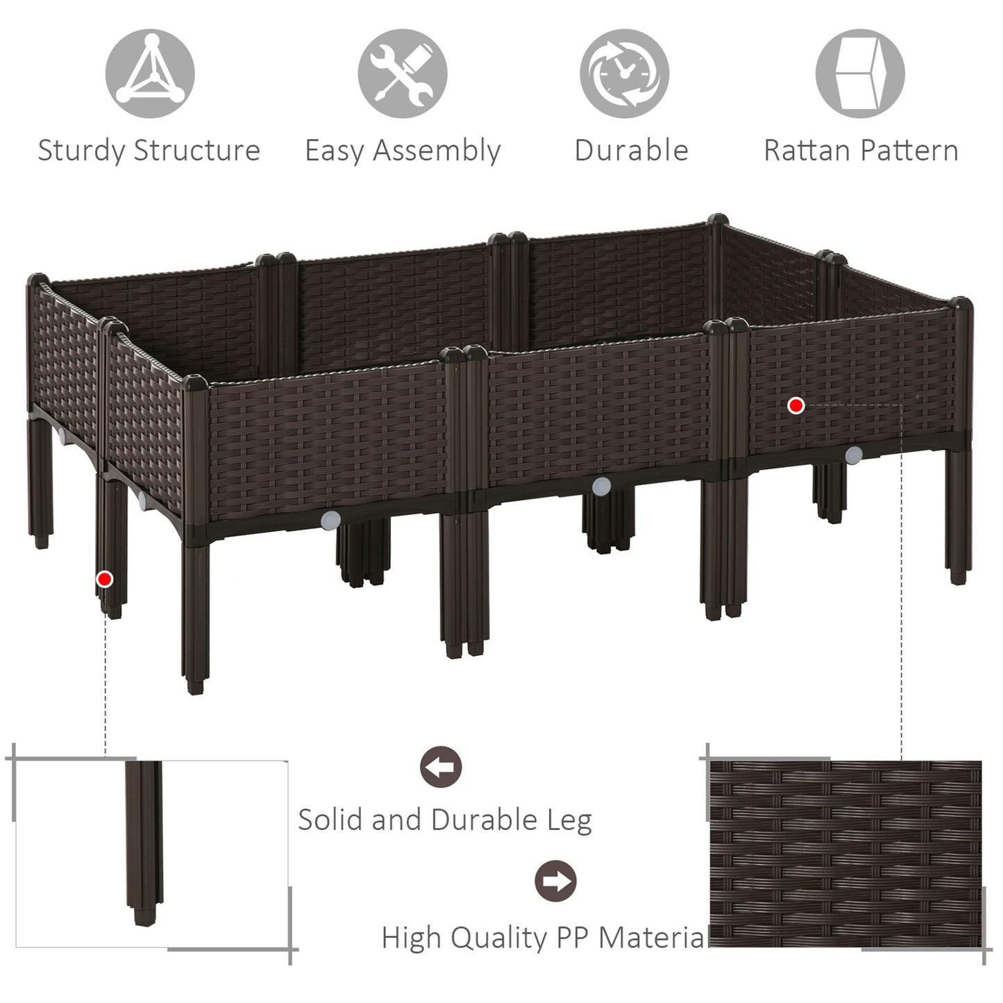 Set of 6 26L Garden Raised Bed Elevated Patio Flower Plant Planter Box PP Vegetables Planting Container, Brown