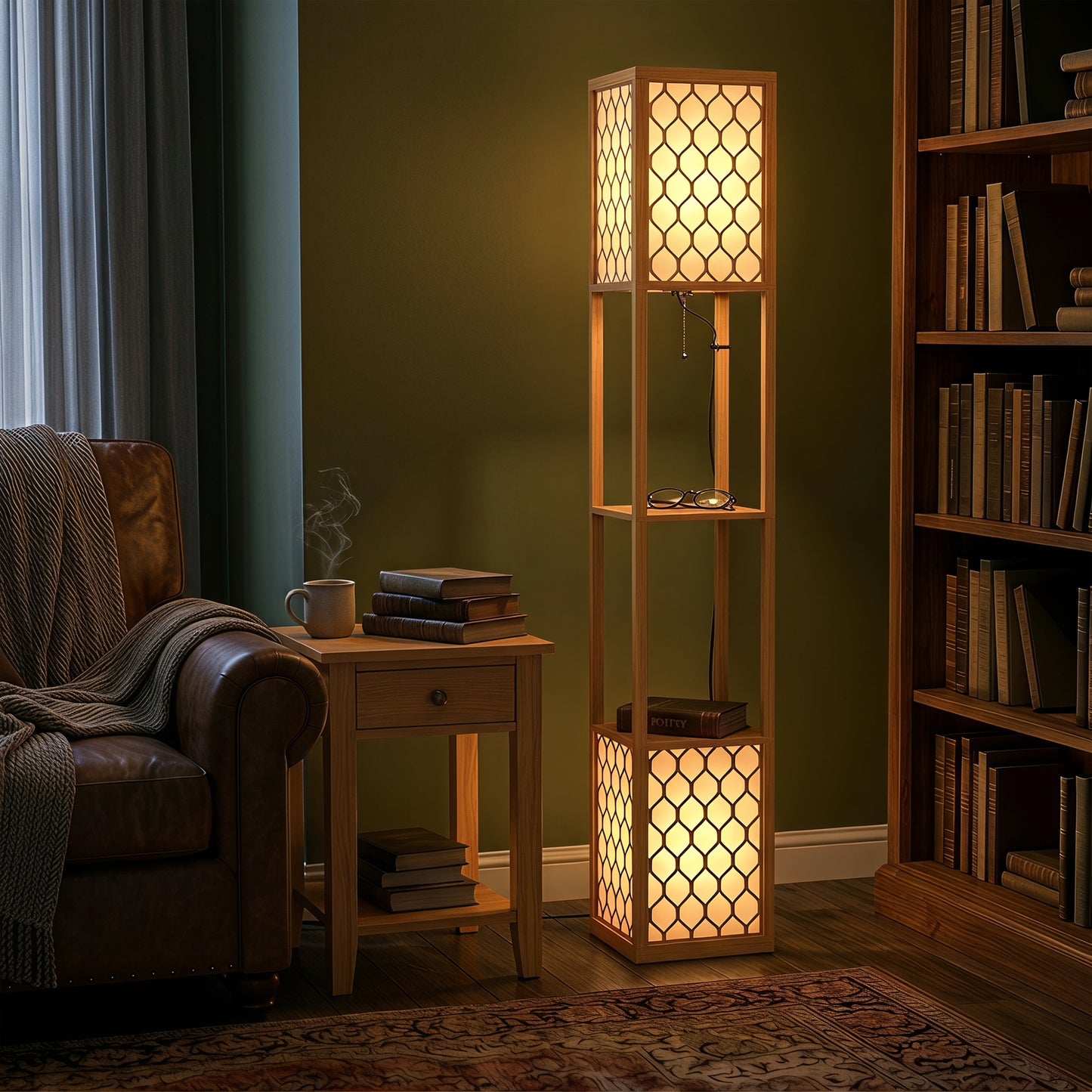 Floor Lamp with Shelves, Modern Tall Standing Lamp with Fabric Lampshades, Zipper Switch, Natural Wood Finish