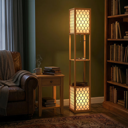 Floor Lamp with Shelves, Modern Tall Standing Lamp with Fabric Lampshades, Zipper Switch, Natural Wood Finish