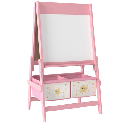 Art Easel for Kids, Double-Sided Whiteboard/Blackboard with Paper Roll, Two Storage Boxes, for Ages 3-8 Years, Pink