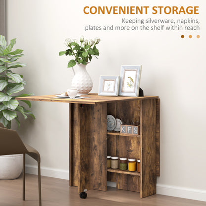 80-140 cm Folding Dining Table for 4-6 People, Drop Leaf Table with 2-Tier Shelves, Rolling Casters, Rustic Brown