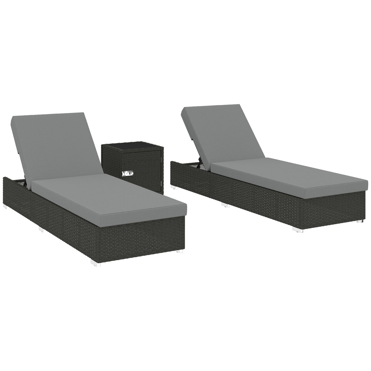 Rattan Sun Loungers Set of 2 with Side Table, Garden Recliner Sunbeds with Adjustable Back, Cushions, Dark Grey