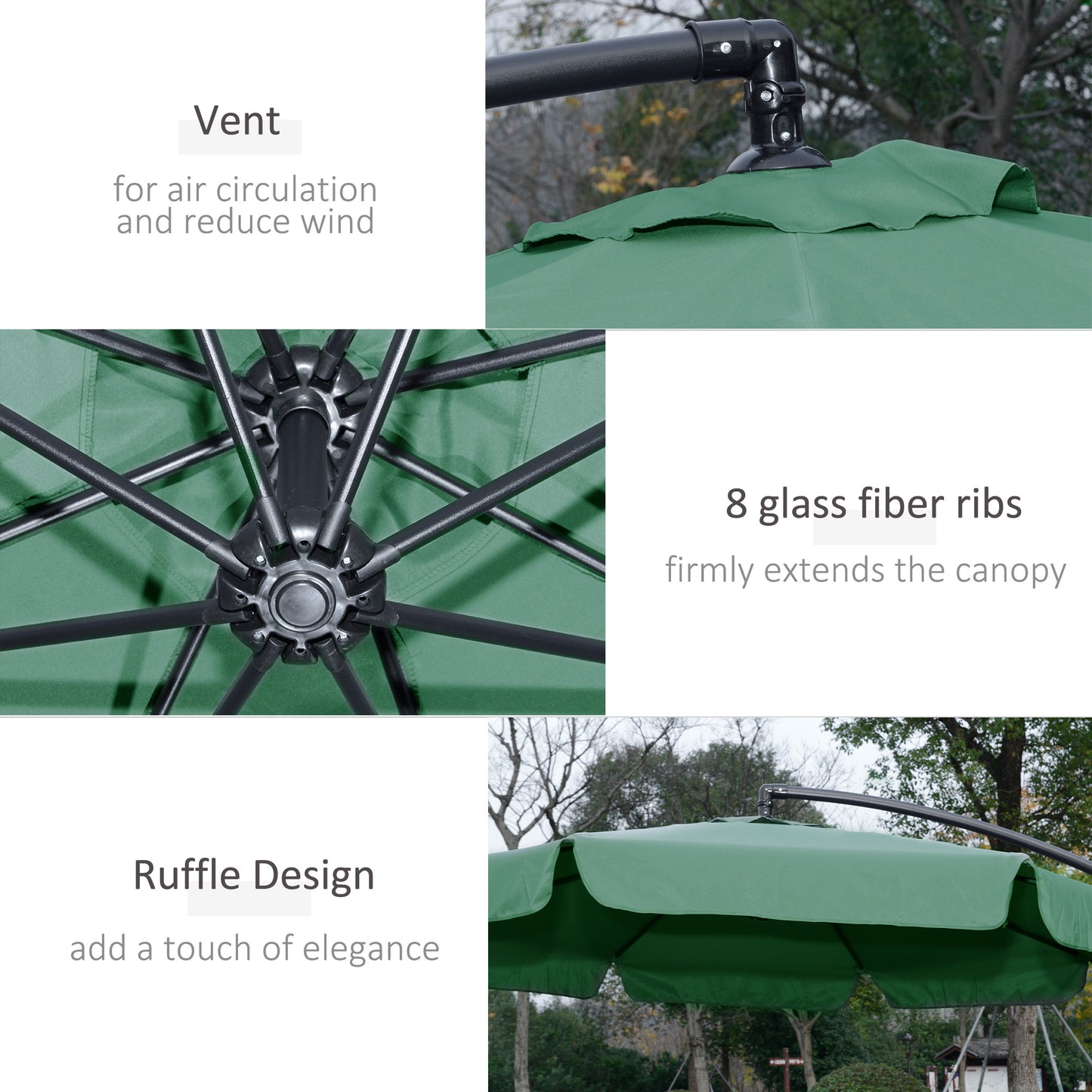 2.7m Garden Parasol Cantilever Umbrella with Crank Handle and Cross Base for Outdoor, Hanging Sun Shade, Green