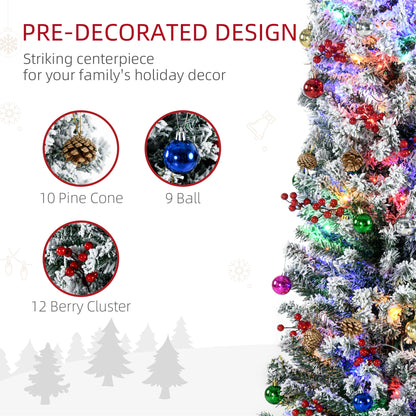 6' Artificial Prelit Christmas Trees Holiday Décor with Colourful LED Lights, Flocked Tips, Berry, Pine Cone
