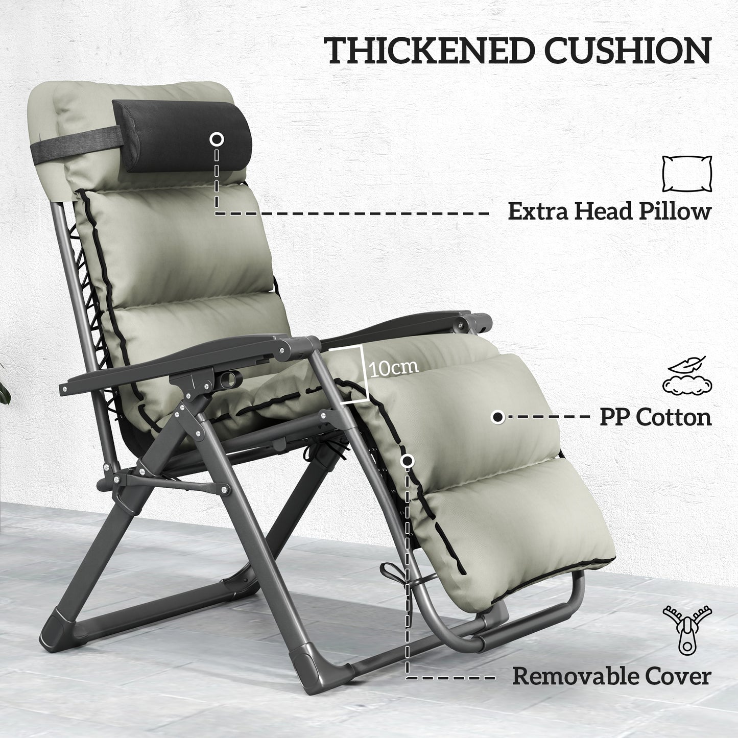 Set of Two Reclining Sun Loungers, with Cushion - Grey