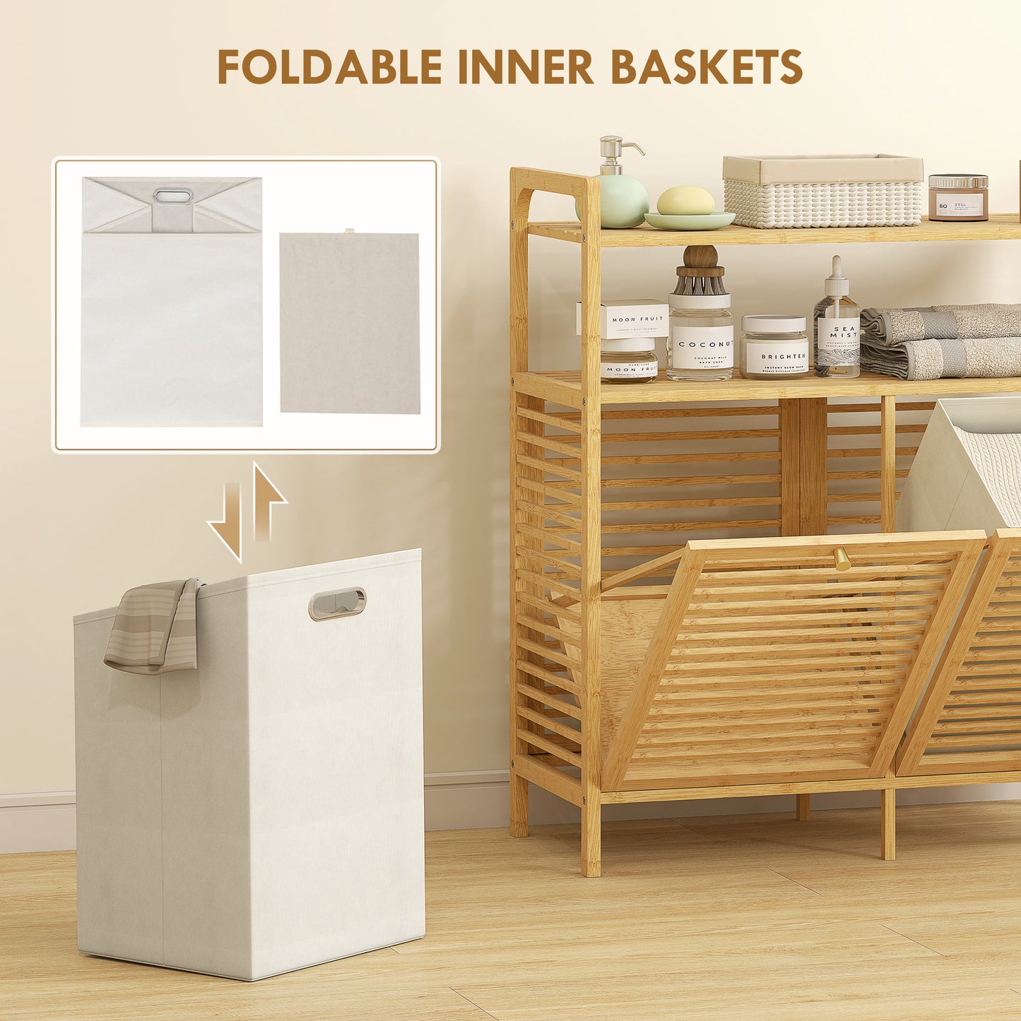 Double Tilt Out Bamboo Laundry Cabinet, Freestanding Bathroom Cabinet with 2 Removable Baskets, Natural