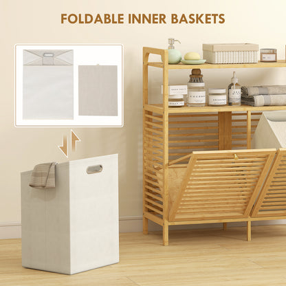 Double Tilt Out Bamboo Laundry Cabinet, Freestanding Bathroom Cabinet with 2 Removable Baskets, Natural