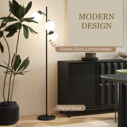 3-Light Tree Floor Lamps for Living Room, Modern Standing Lamp for Bedroom with Globe Lampshade, Steel Base