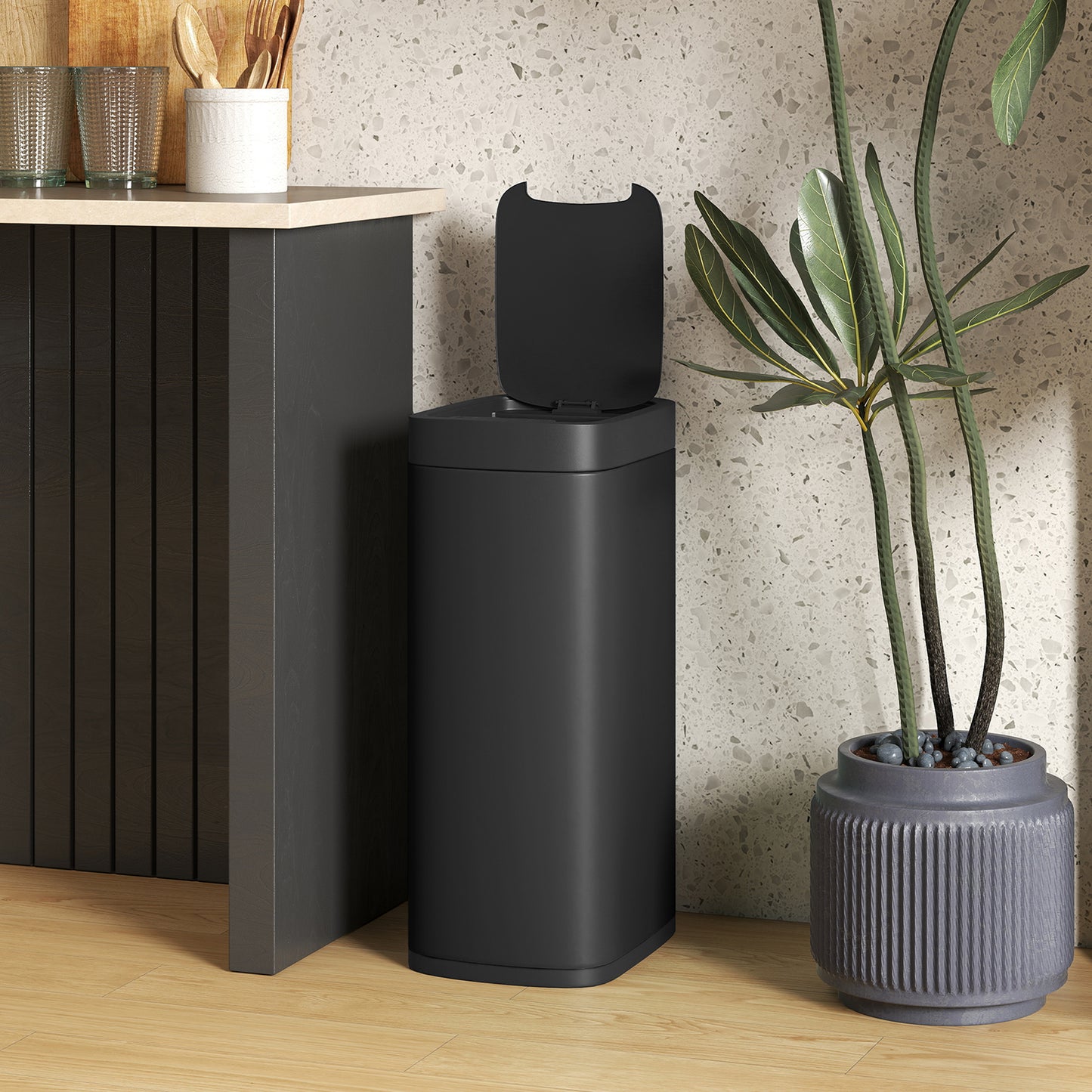 50L Sensor Bin, Automatic Kitchen Bin, Manual Override, Battery Operated, Inner-Bucket-Free, for Kitchen, Bedroom, Black