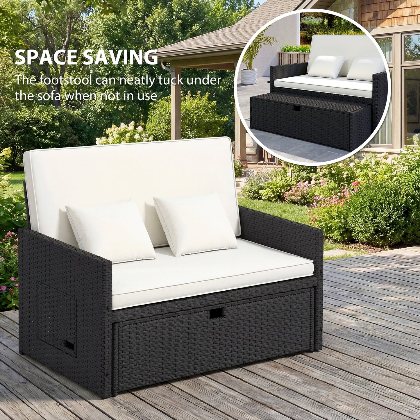 Rattan Garden Daybed, Double Sun Lounger with 5-Level Adjustable Back, Storage Ottoman, Cream White