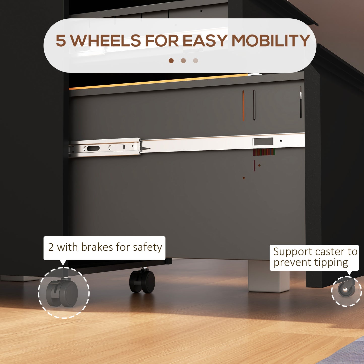 3-Drawer Filing Cabinet with Lock, Mobile Steel File Cabinet for A4, Legal and Letter Size, Under Desk Drawers