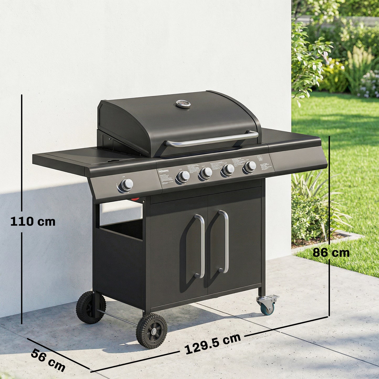 4+1 Burner Gas BBQ Grill with Storage Cabinet, 15.2 kW Gas Barbecue Trolley with Side Table, 4 Wheels, Warming Rack