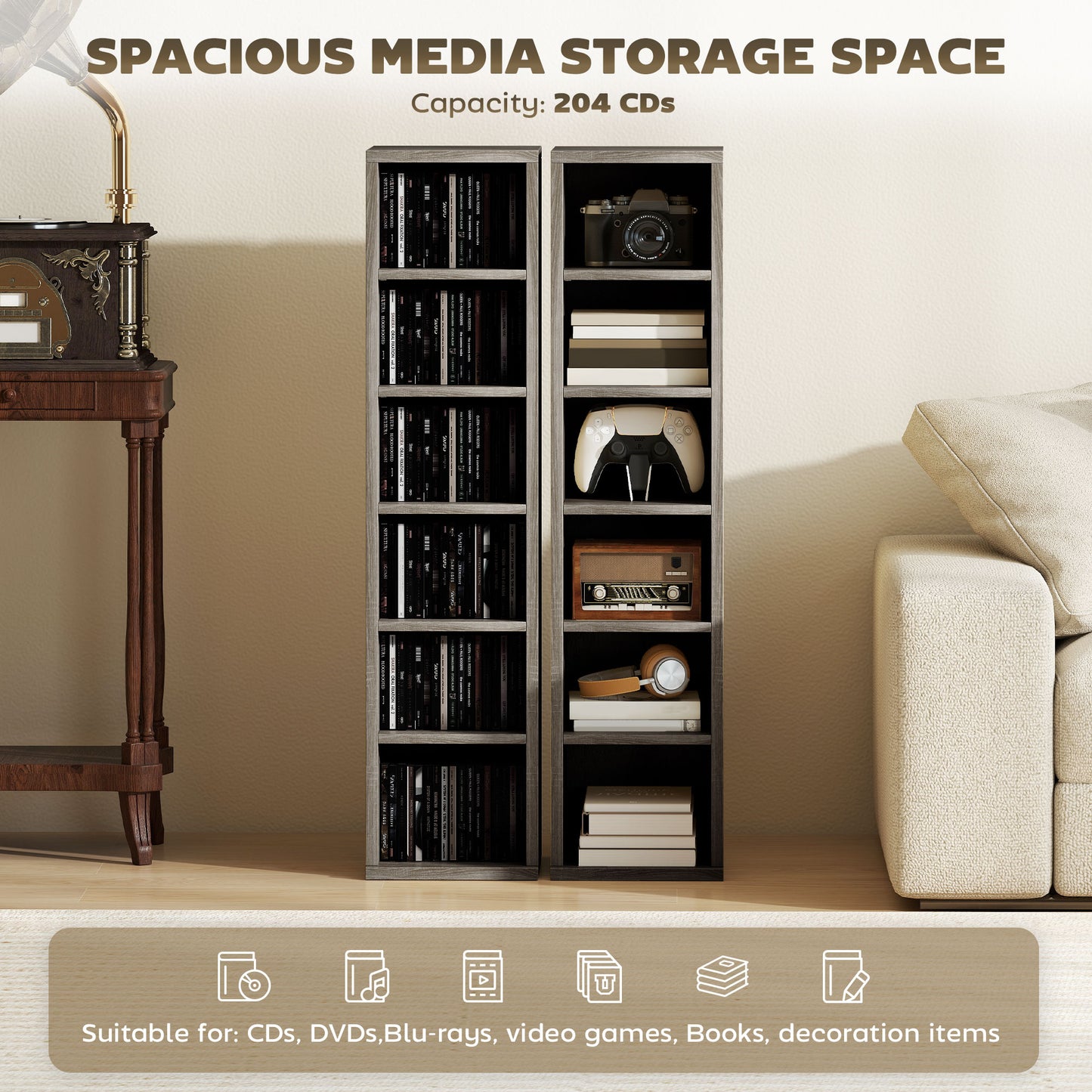 Set of 2 CD Media Display Shelf Unit Tower Rack with Adjustable Shelves, Mocha Wood Effect
