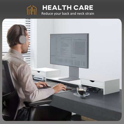 Dual Monitor Stand Riser with 2 Drawers, Adjustable Length and Angle, 116cm Monitor Riser for Laptop, Computer, PC