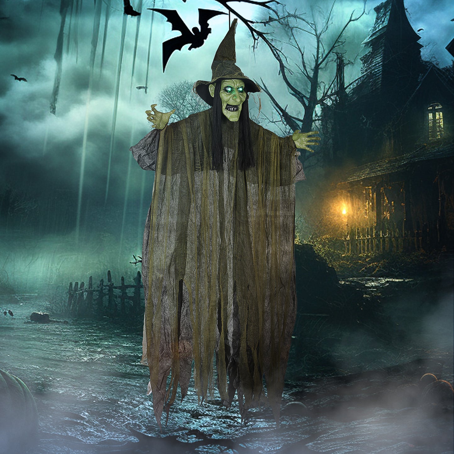 170 cm Life Size Hanging Halloween Animated Witch with Glowing LED Eyes, Spooky Witch Scary Halloween Decorations