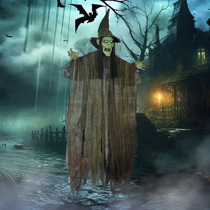 170 cm Life Size Hanging Halloween Animated Witch with Glowing LED Eyes, Spooky Witch Scary Halloween Decorations