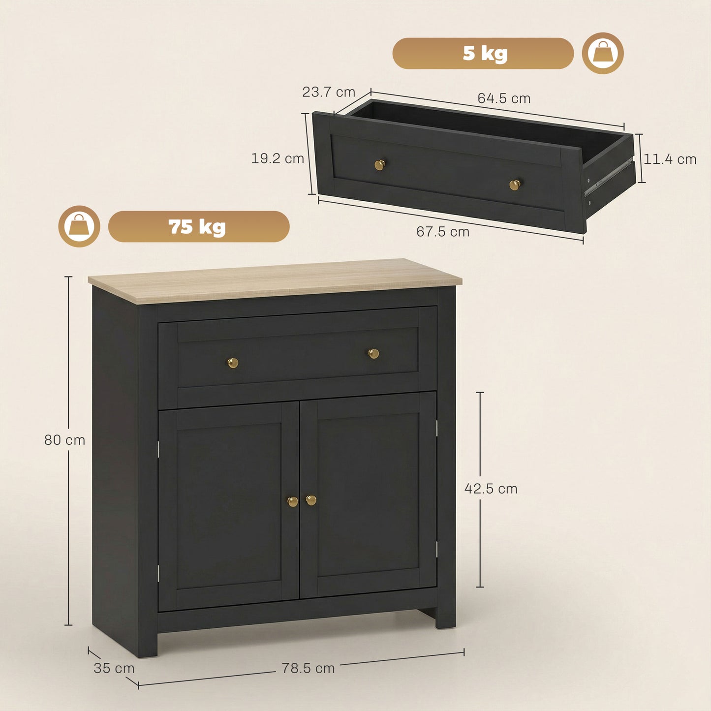 Sideboard Storage Cabinet, Modern Kitchen Cupboard with Adjustable Shelf, Drawer and Double Doors, Black