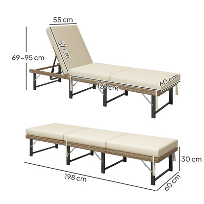 Single Folding Rattan Sun Lounger, with Cushion - Grey