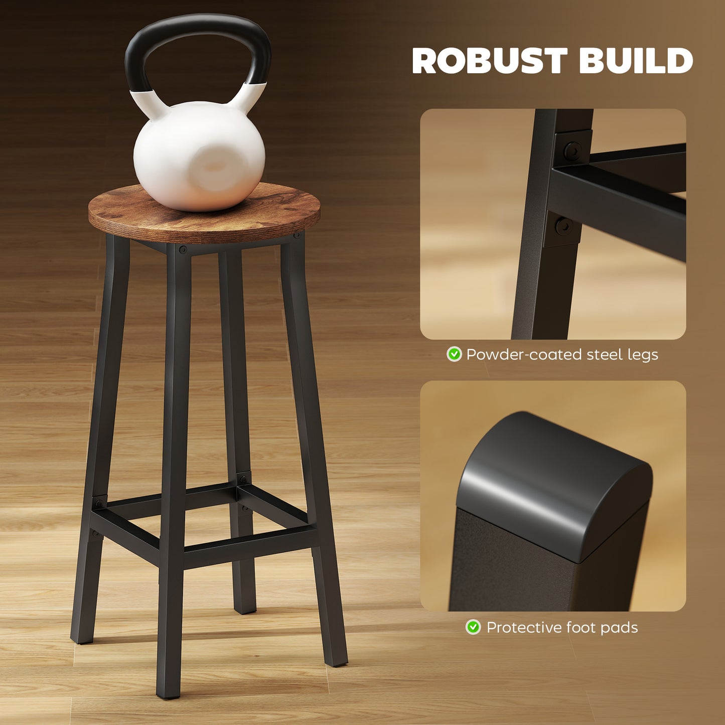 Bar Stools Set of 2 Breakfast Bar Stools with Footrest, Industrial Round, 32 x 32 x 65 cm, Rustic Brown