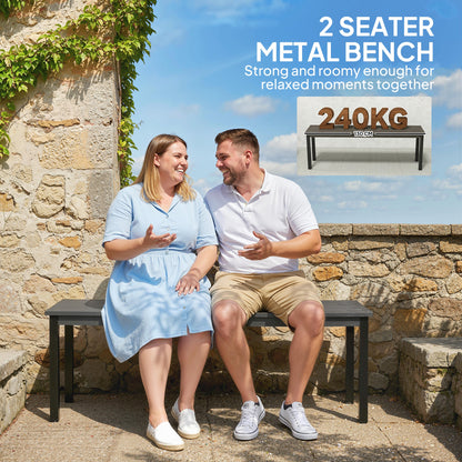 2 Seater Garden Bench, Outdoor Bench Loveseat with Wood-Effect Slatted Seat and Steel Frame for Patio, Park, Grey