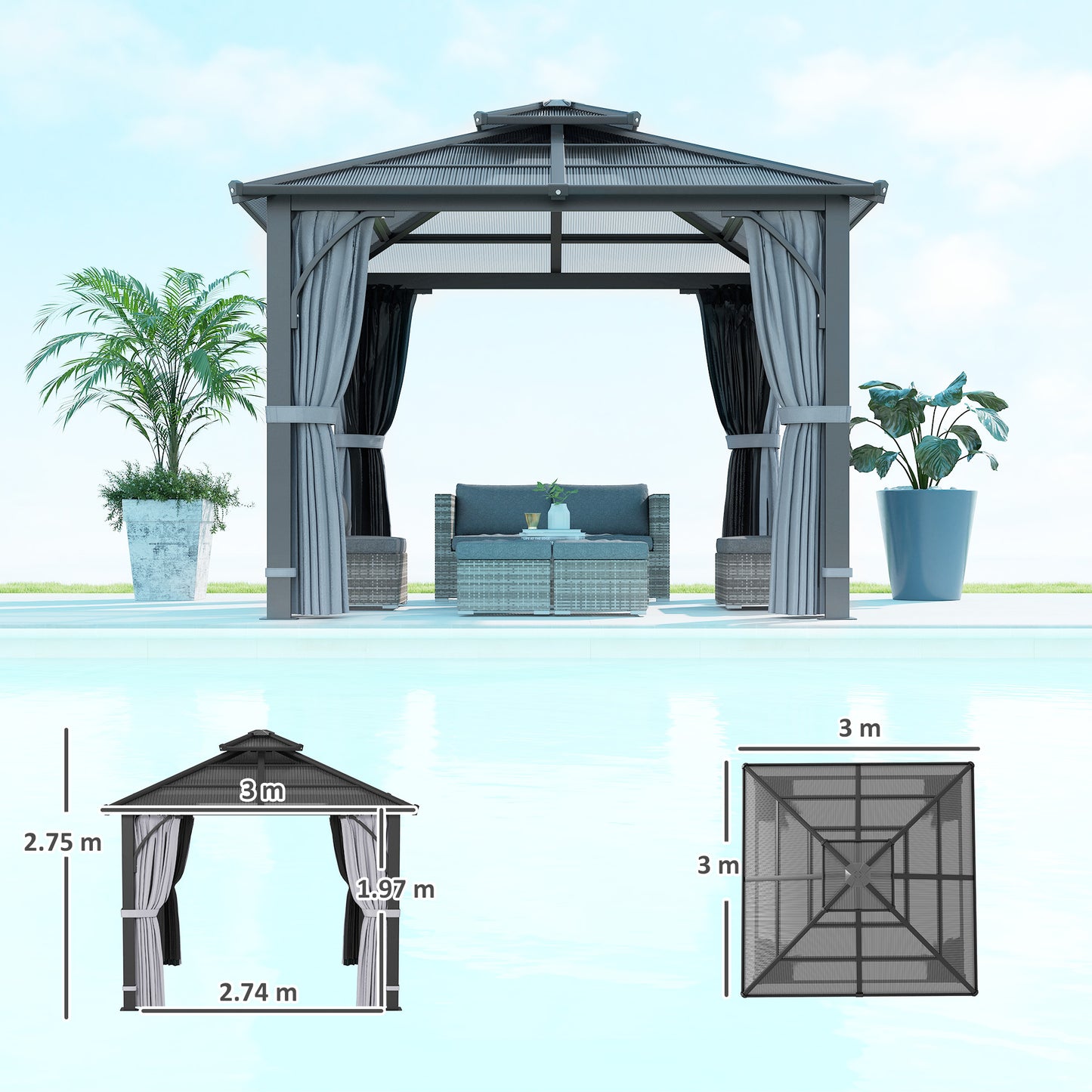 3 x 3(m) Hardtop Gazebo Canopy with 7mm Polycarbonate Double-Tier Roof, Garden Gazebo Permanent Pavilion