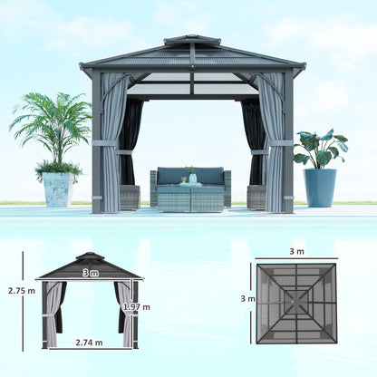 3 x 3(m) Hardtop Gazebo Canopy with 7mm Polycarbonate Double-Tier Roof, Garden Gazebo Permanent Pavilion