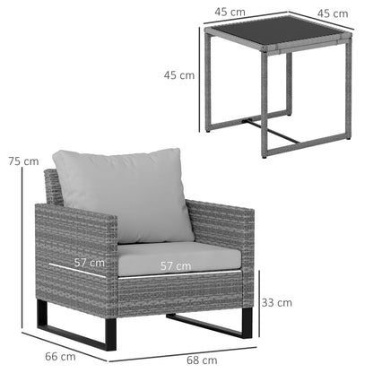 3 Pieces Rattan Bistro Set with 4 Cushions, Wicker Garden Furniture Set, Glass Top Coffee Table and Chairs for Outdoor Patio