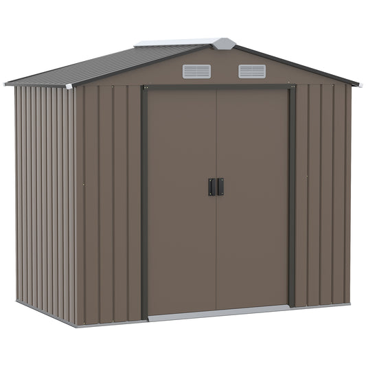 7 x 4ft Metal Garden Shed, Outdoor Storage Tool House with Ventilation Slots, Brown