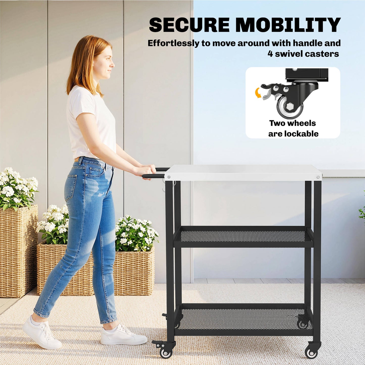Outdoor Grill Cart with Stainless Steel Tabletop, 3-Tier Pizza Oven Stand with Adjustable Shelf, Hooks, Wheels, Black